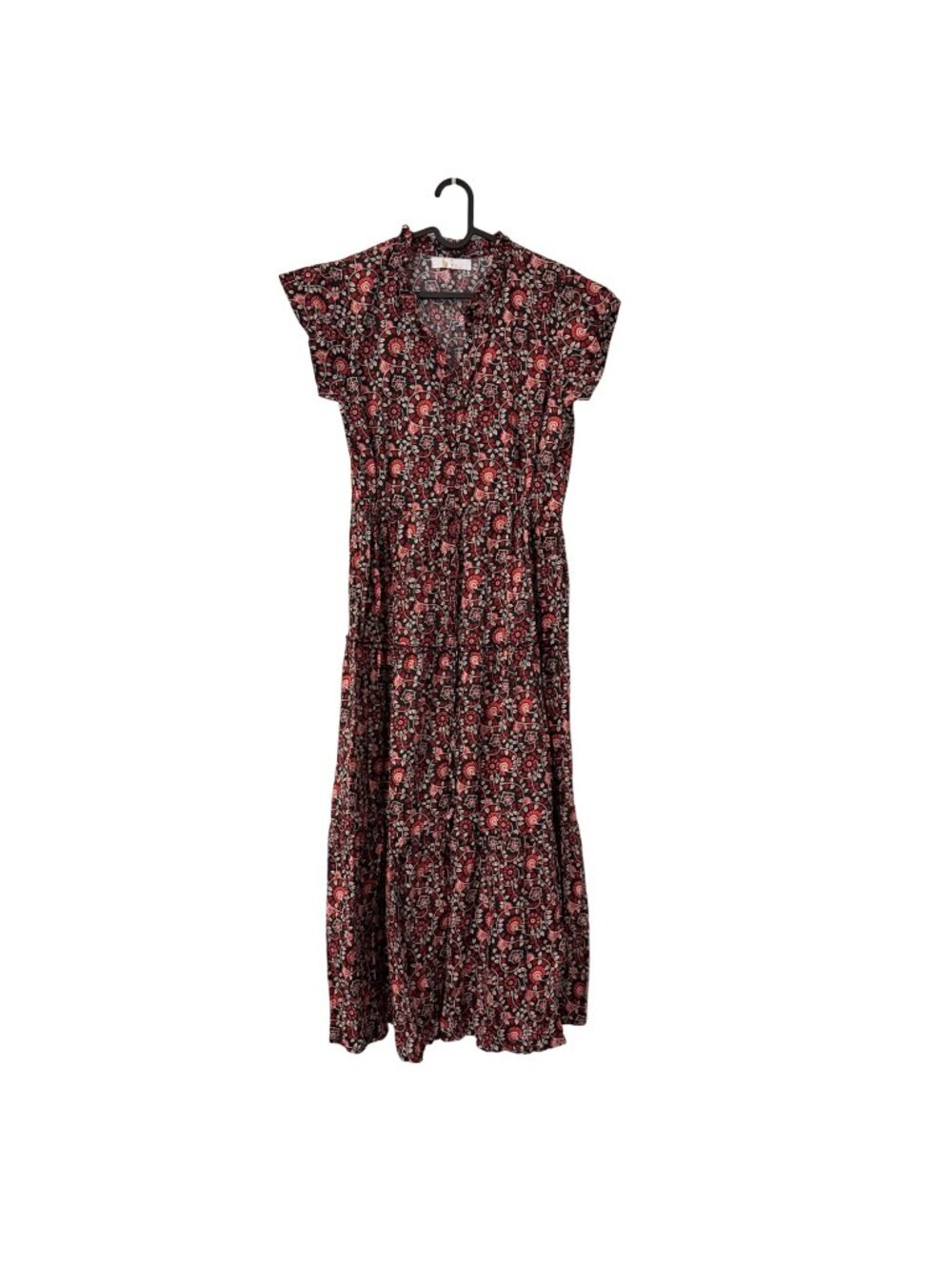 Bindu Floral Black Red Short Sleeve Drawstring Waist Tiered Maxi Dress Small